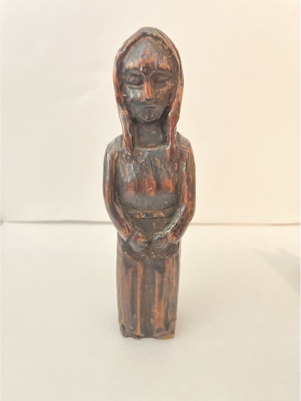 Unsigned Made In Spain Hand Carved Mother Mary Figure Folk Art Wooden Statue